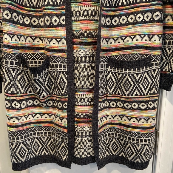 Monteau Size M Neon Stripe Black Cream Aztec Knit Open Front Hooded Cardigan - Picture 5 of 14